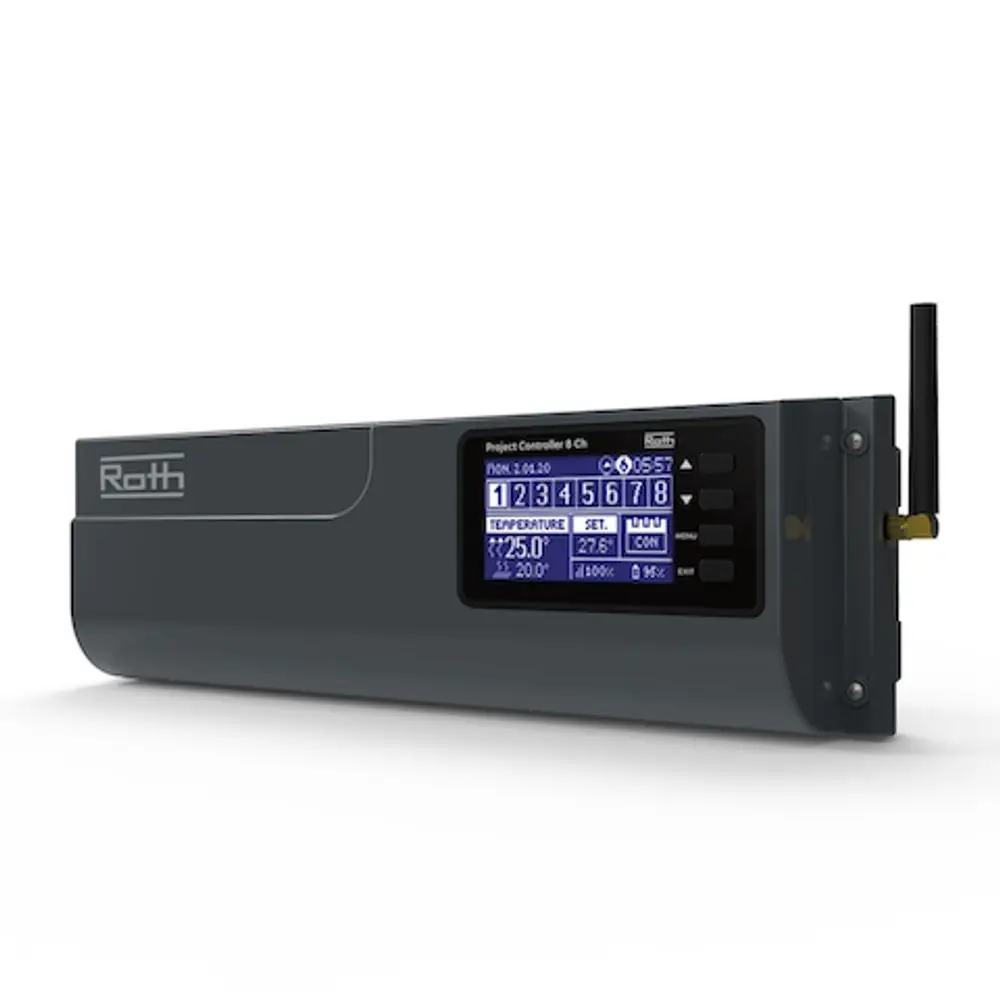 Roth Funk-Anschlussmodul mit Display und Steuerknöpfen, ausgestattet mit einer Antenne zur drahtlosen Kommunikation, angrenzend an ein montiertes Gehäuse.